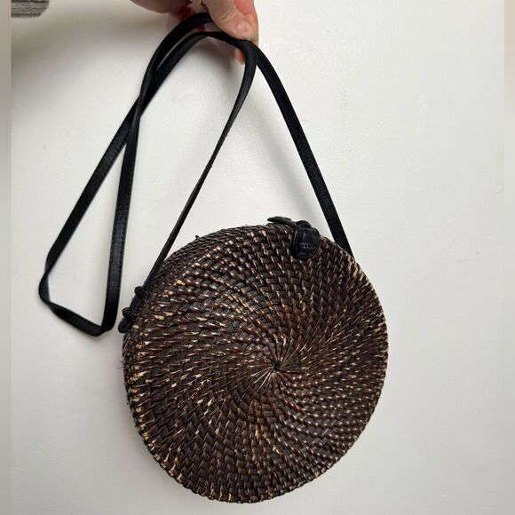 Woven Round Rattan Bag Wicker Straw Purse Crossbody Brown Tropical Boho - Picture 1 of 17